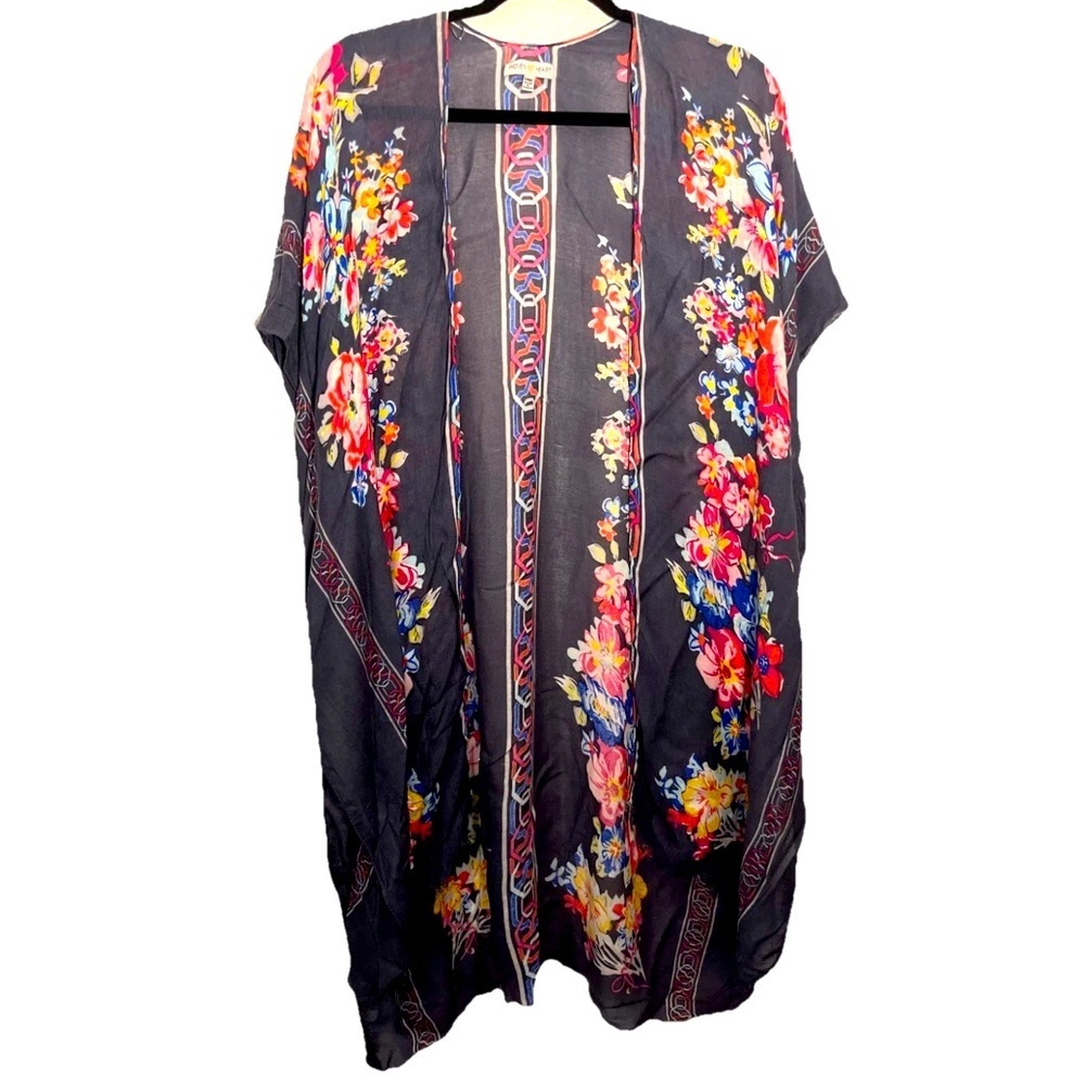 Woven Heart Blue Floral Print Boho Kimono One Size